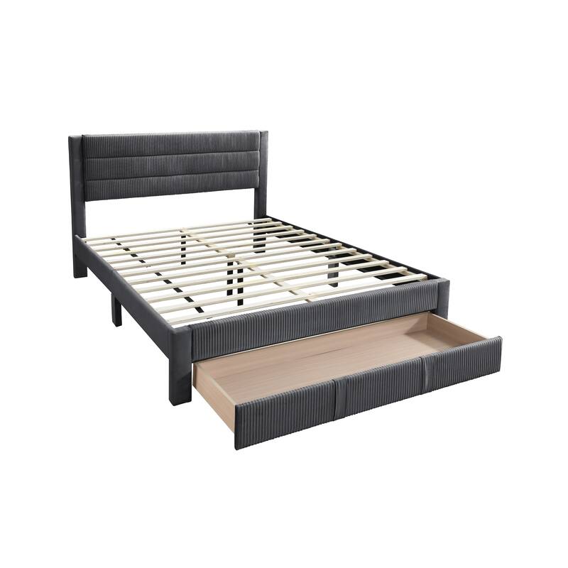 Queen Size Corduroy Platform Bed with Storage Drawer and Channel-Tufted Headboard and Contemporary Design
