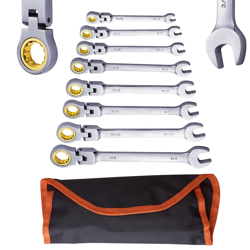 8 Pieces Carbon Steel SAE Flex-Head Wrench Set with 72-Tooth Ratchet Ideal for DIY Projects or Household Repairs