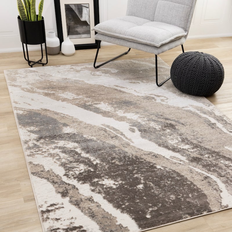 Grey Cream Beige Abstract Marble Pattern Area Rug, 5'3" x 7'7"