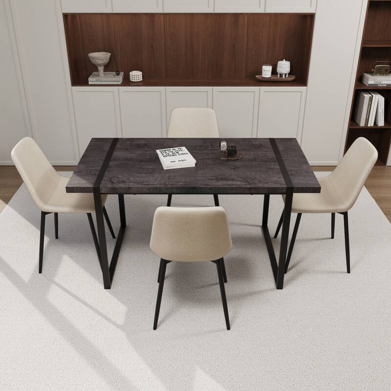 Modern 5-Piece Dining Set with Rectangular Metal Base Table & 4 Square Corner Suede Chairs