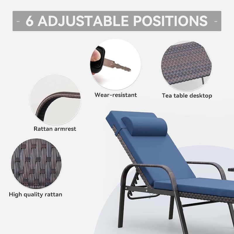 3-Piece Outdoor Wicker Chaise Lounge with Armrests and Cushions