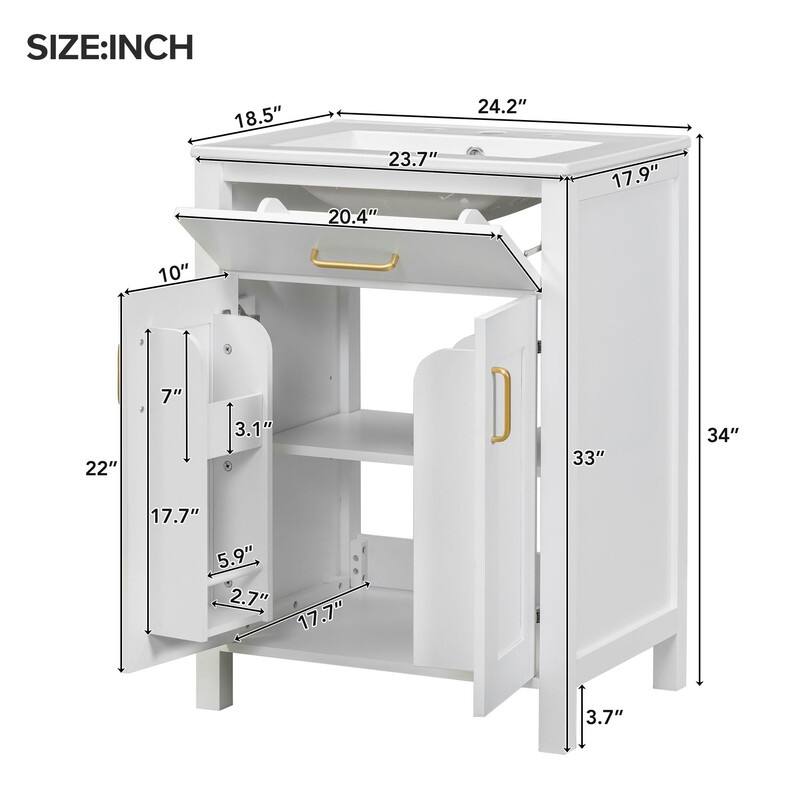 24" Bathroom Vanity with Ceramic sink, 2 Soft-Close Doors
