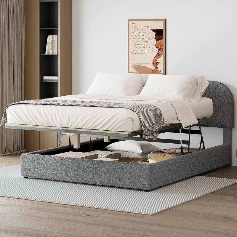 Queen Upholstered Platform Bed with Hydraulic Storage, Teddy Fleece Fabric, Sturdy MDF Frame, and Curved Headboard