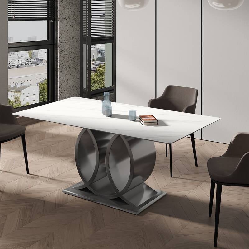 Modern Rectangle Stone Slab Tabletop Stainless Steel Pedestal Dining Table - 8 Seats - White