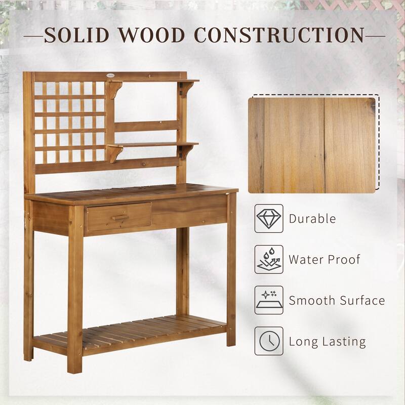 Outsunny Potting Bench Table, Garden Work Bench, Outdoor Wooden Workstation with Tiers of Shelves and Drawer