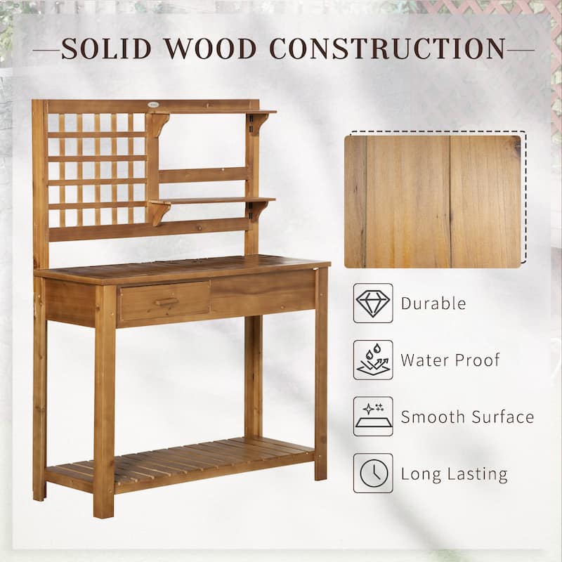 Wood Outdoor Potting Table with Trellis Panel and Multi-Storage Drawer, Waterproof Garden Workbench Table