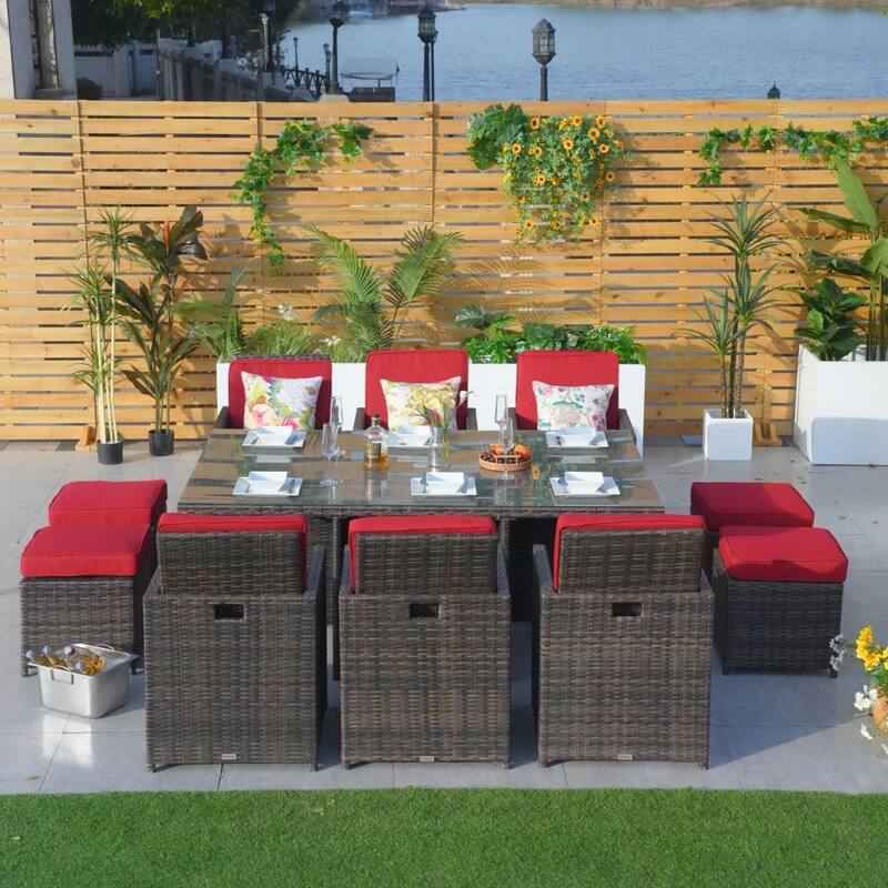 Abrihome 11-piece Outdoor Rattan Wicker Dining Table and Chairs Set - Red
