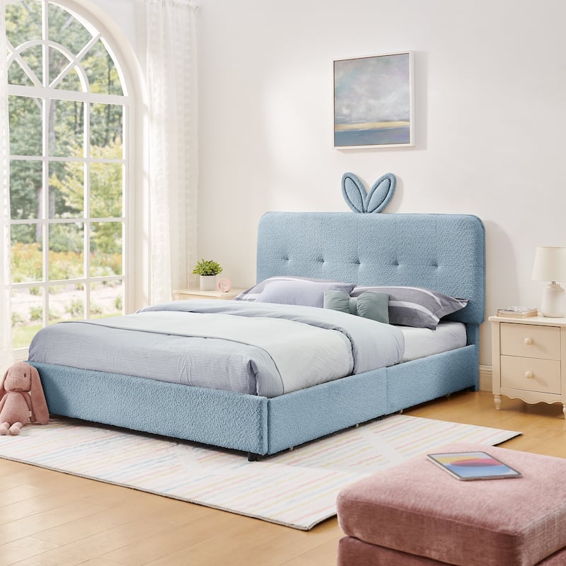 Queen Size Boucle Upholstered Bed with Rabbit Ear Headboard, LED Music Sync & 4 Drawers