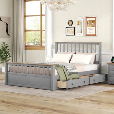 Roomfitters Queen Size Wood Platform Bed with Two Drawers and Wooden Slat Support, Gray and Natural