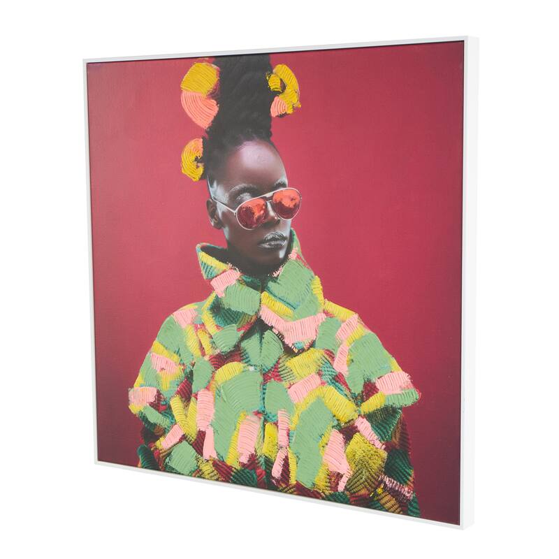 Pink Canvas Chic Woman Living Room Framed Wall Art with Green and Yellow Dresswear