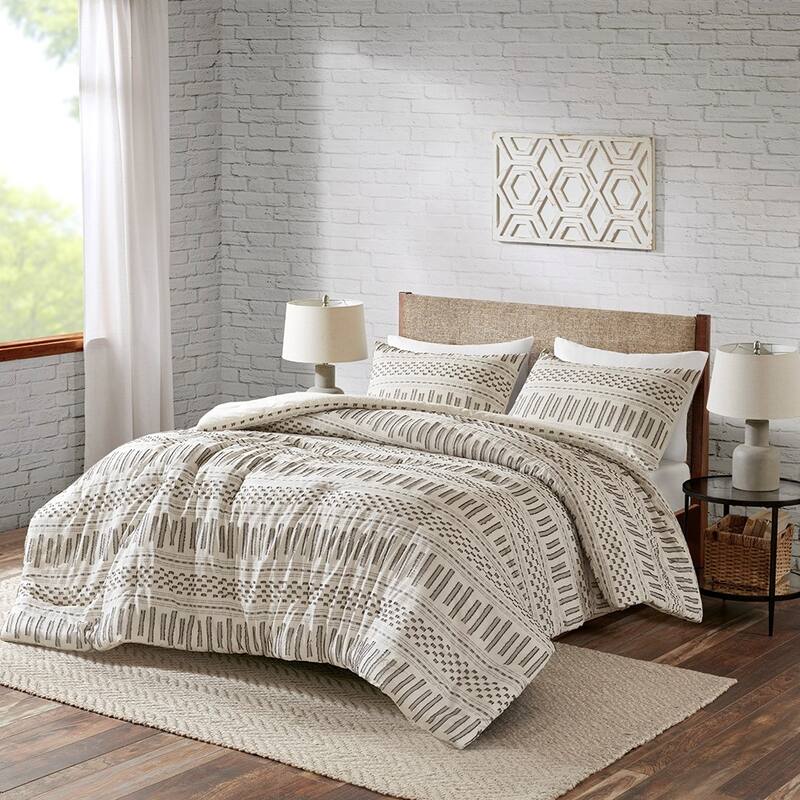 GDF Studio - Rhea Cotton Jacquard Comforter Mini Set - Ivory+Charcoal (Full/Queen)