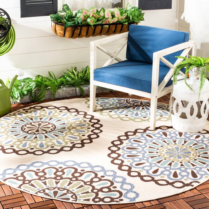SAFAVIEH Veranda Felizitas Geometric Medallion Indoor/Outdoor Area Rug - 6'7" x 6'7" Round - Cream/Blue