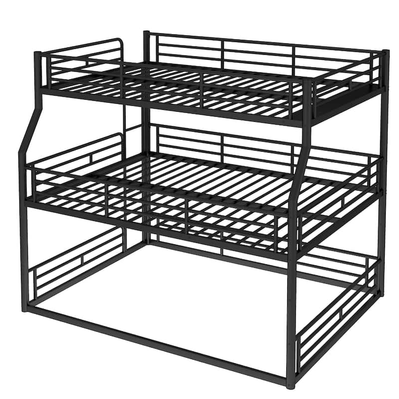 Full XL over Queen over Queen Bunk Bed, Metal Triple Bunk Bed with Safety Guardrails, Bunk Bed with Noise-reduced Design