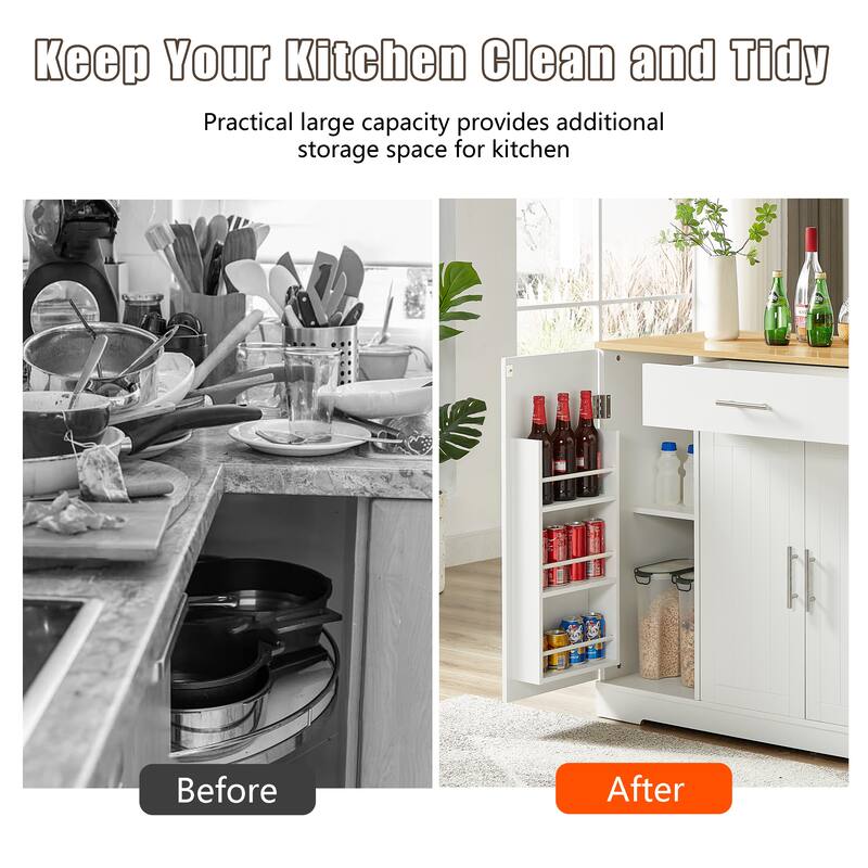 Anmytek 53 Inch Modern Farmhouse Kitchen Storage Island with Drawers Trash Can Storage White