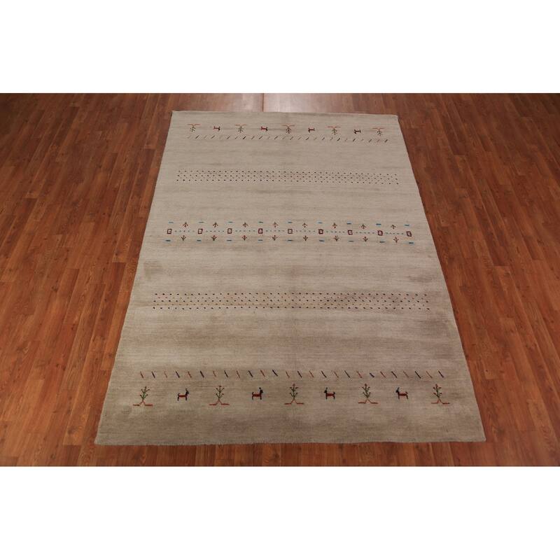 Tribal Gabbeh Oriental Rug Hand-Knotted Beige Modern Wool Carpet - 5'7" x 7'11"