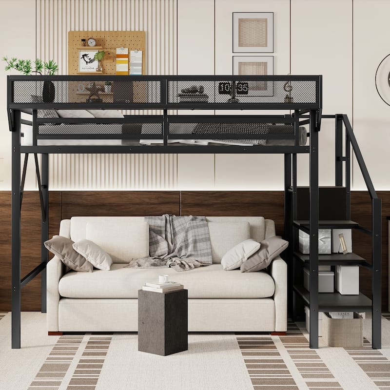 Twin XL Metal Loft Bed with Stairs, Storage Shelves & Wardrobe for Kids/Teens, Black