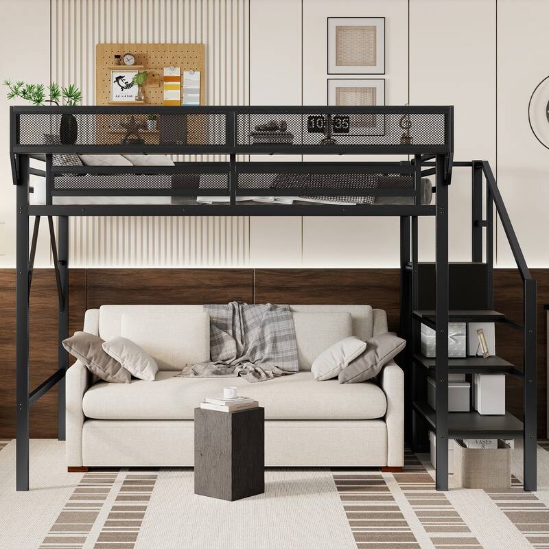 Twin XL Size Loft Bed with Stairs, Metal Full Loft Bed with Storage Shelves, High Loft Bed with Wardrobe for Kids Teens