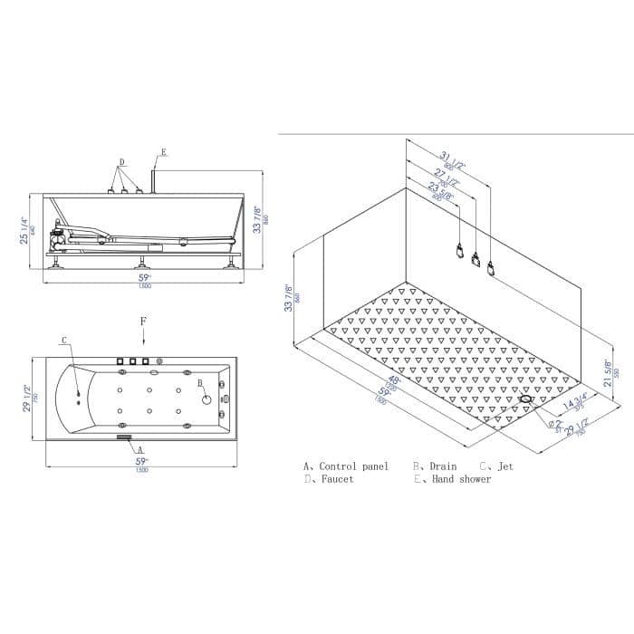 Eago 59" Three Wall Alcove Acrylic Whirlpool Tub with Right Drain,