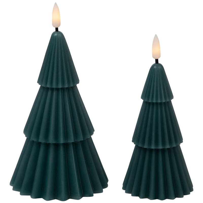 Ribbed Flickering LED Flameless Christmas Tree Wax Candles - 6" - Green - Set of 2