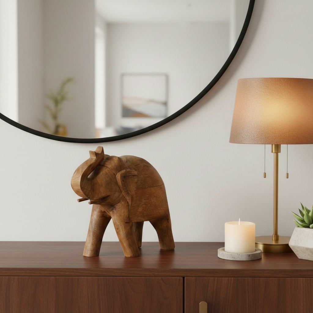 Decorative Wooden Elephant Figurine Sculpture - 8", Brown - 8.0"