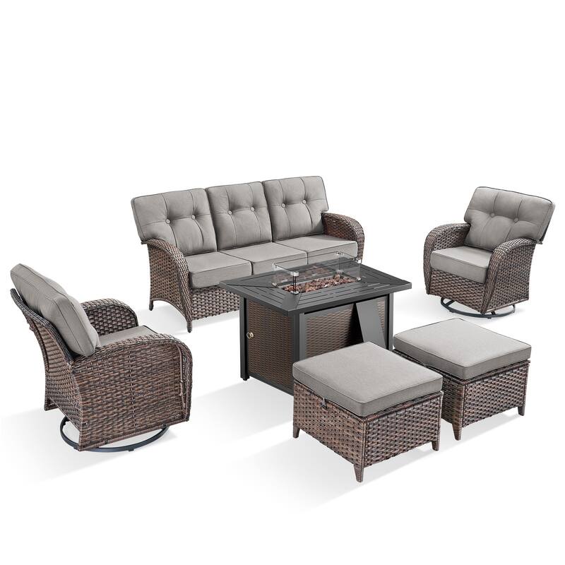 Pocassy Outdoor 43 In Fire Table with Sofa Patio Swivel Chair Set