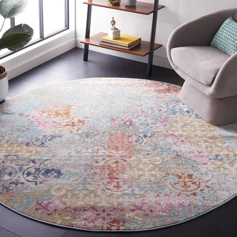 SAFAVIEH Phoenix Daisye Boho Distressed Rug - 6'7" Round - Blue/Rust