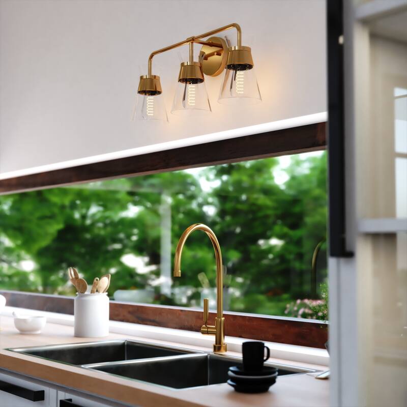 VAXCEL Harper Natural Brass Gold Mid-Century Modern Bathroom Vanity Lighting Fixture, Clear Glass Shade, Wall Sconce