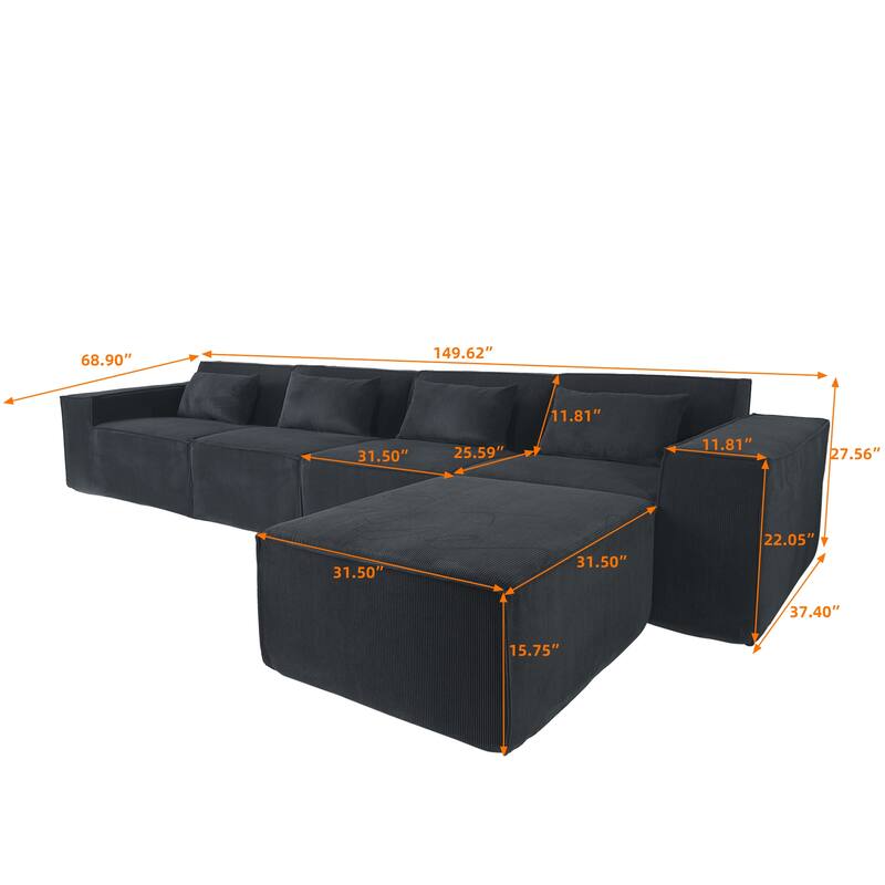 L-shape Corduroy Sectional Sofa with Ottoman, Flexible Combinations 5-Seater Living room Couch