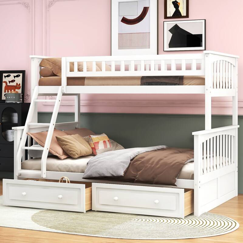 Wooden Storage Bunk Bed Frame with Fence-shaped Guardrails and Pull-out Drawers, Convertible 2 Platform Beds, Detachable Design