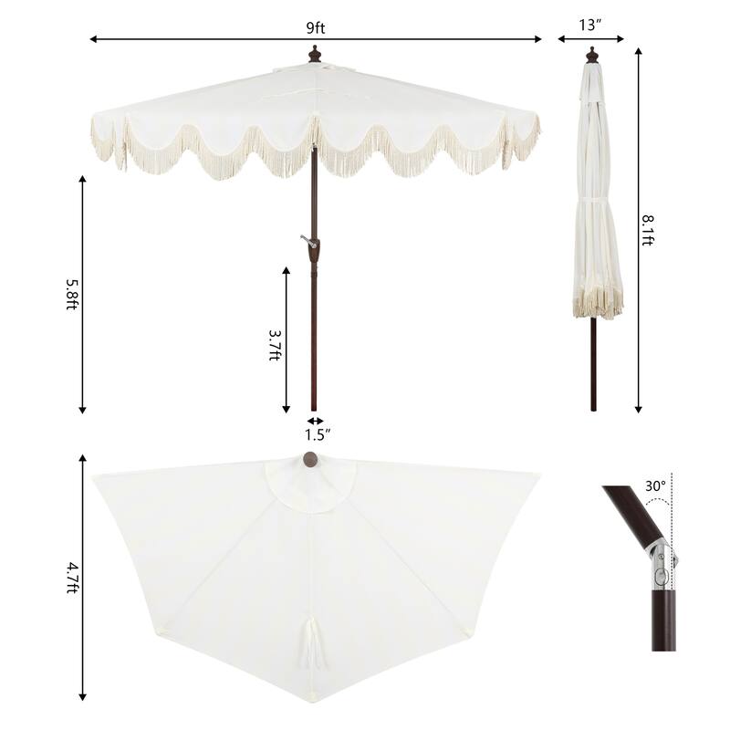 9ft Half Market Umbrella, Scalloped, Crank, Tilt, UV, by JONATHAN Y