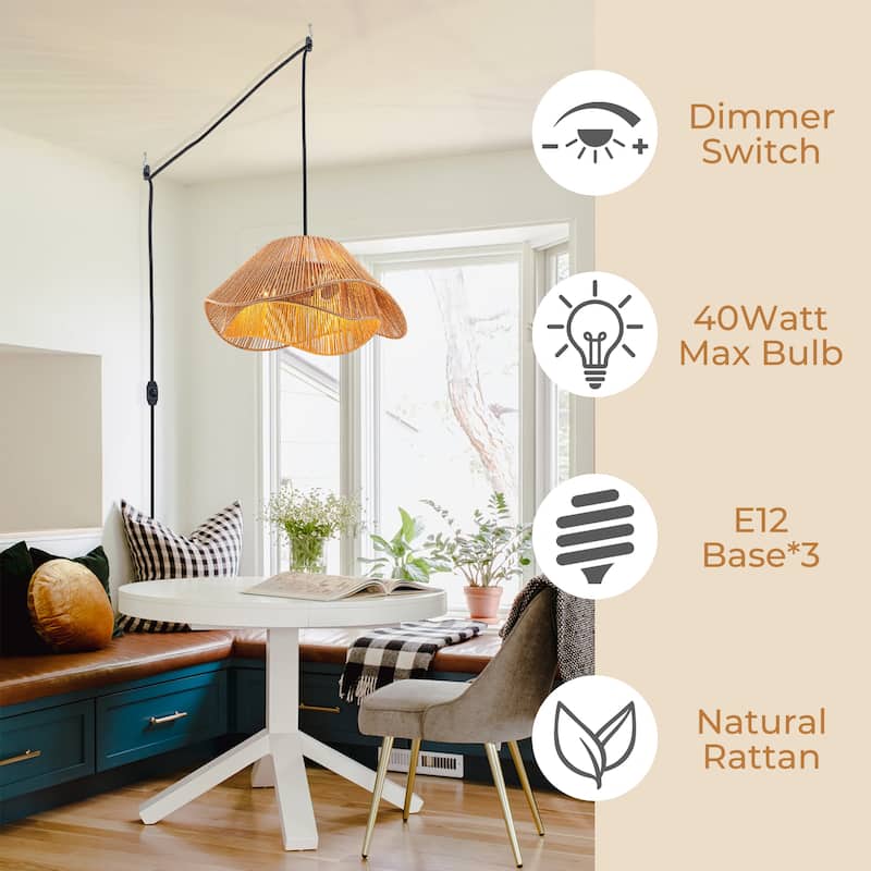 FTL Rattan Plug in Pendant Light for Ceiling Farmhouse Boho Woven - 19.7 inch