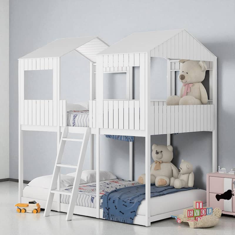Full Over Full Wood Bunk Bed with Roof and Window, Guardrails and Ladder, House Style Frame for Kids
