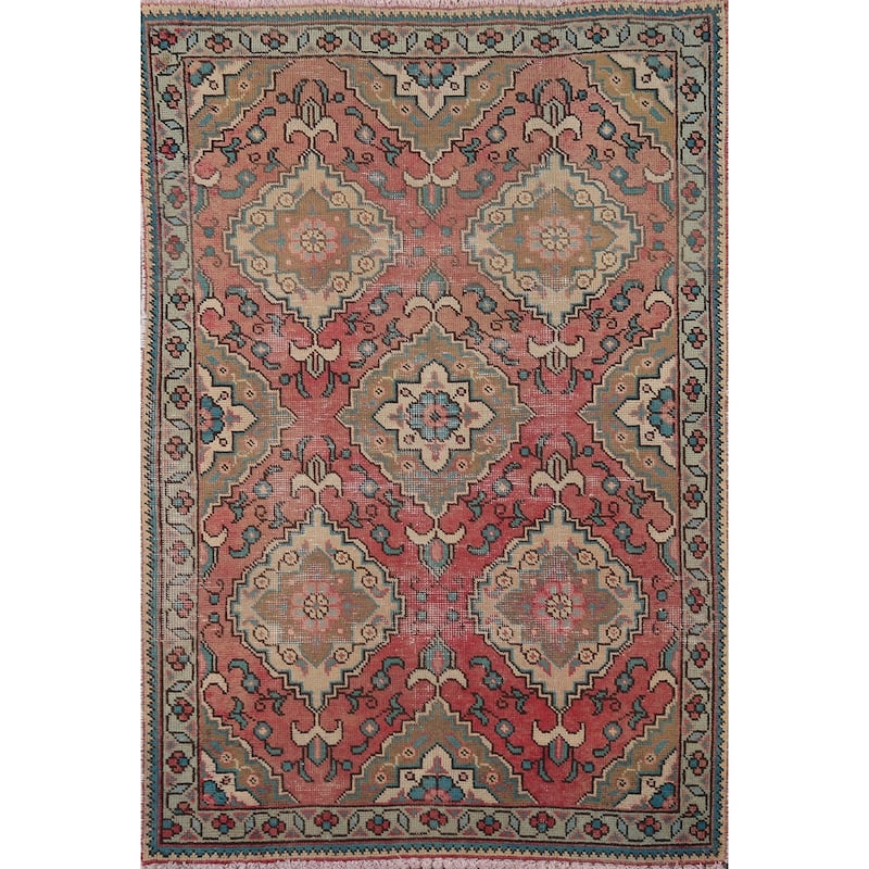 Pink Geometric Tabriz Persian Accent Rug Handmade Wool Carpet - 3'2" x 4'9"