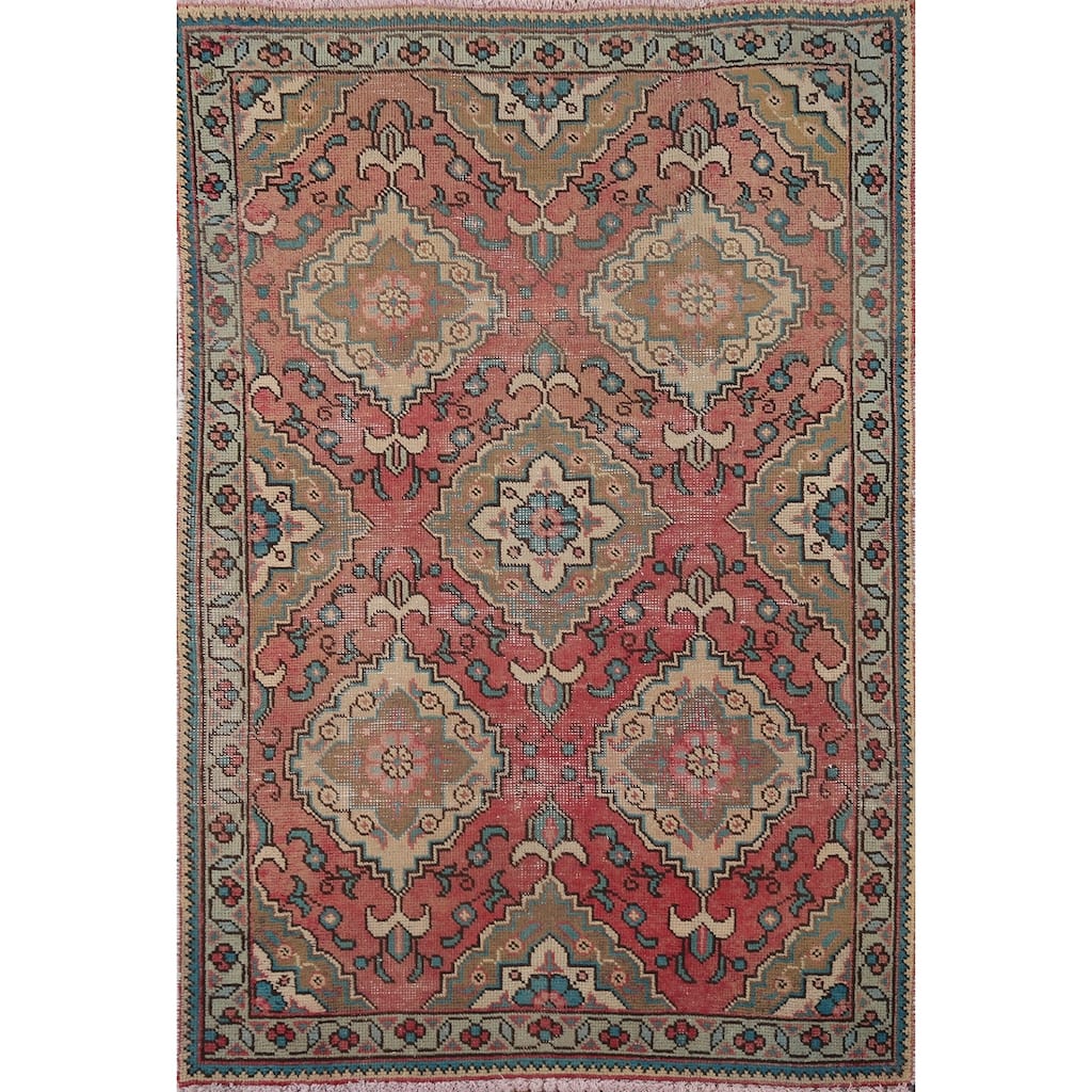 Pink Geometric Tabriz Persian Accent Rug Handmade Wool Carpet - 3'2" x 4'9"