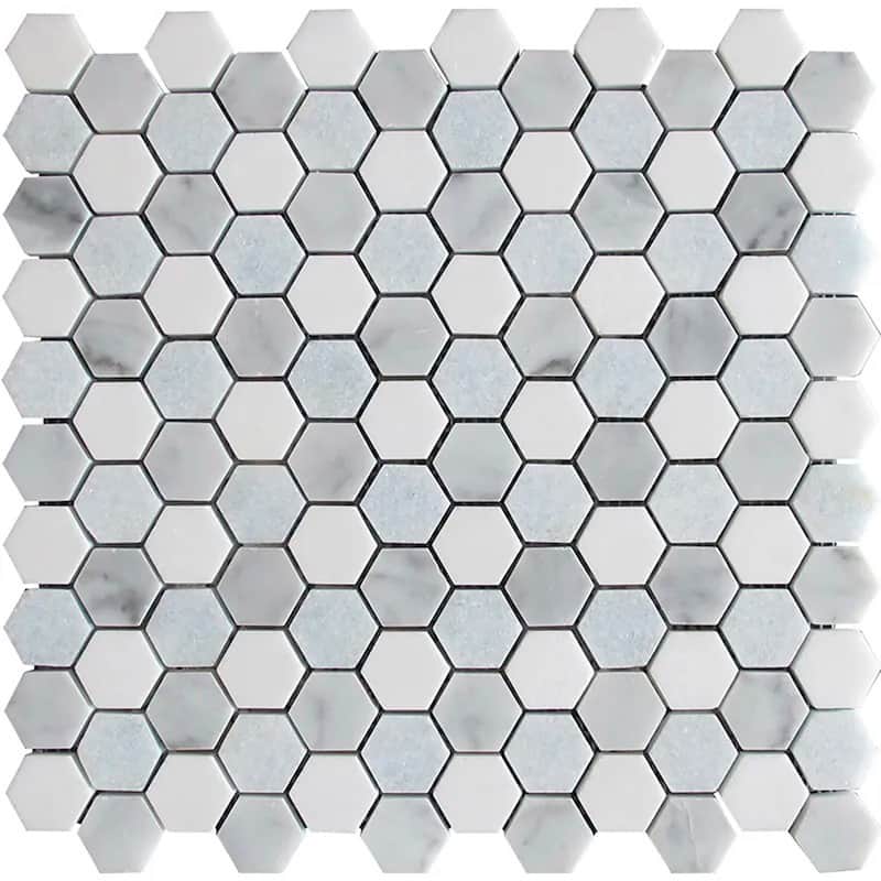 Apollo tile 11 x 12 Nubes Polished Pristine White Gray Thassos, Carrara, Blue Celeste Marble Tile (4.59 sq ft/case) - 5 Pack