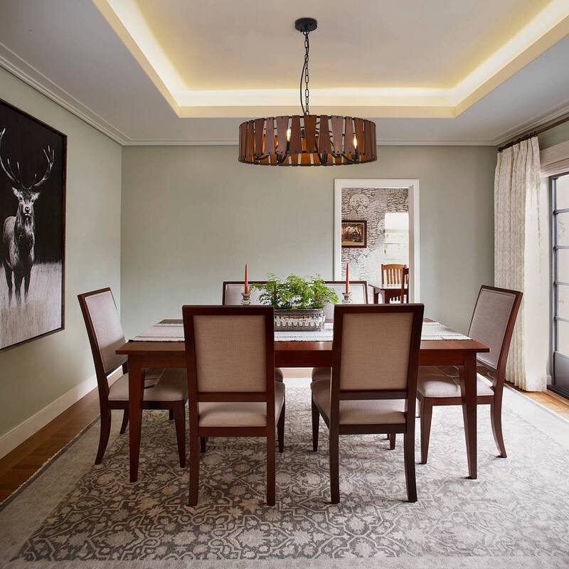 6 - Light Industrial Wood Chandelier, Retro Circular Ring Design with Iron Chain - Matte Black