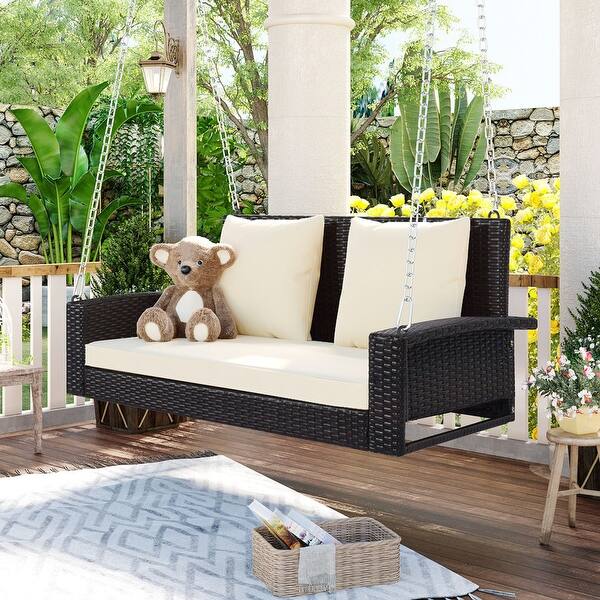 slide 2 of 49, 2-Person Wicker Hanging Porch Swing with Chains, Cushion and Pillow