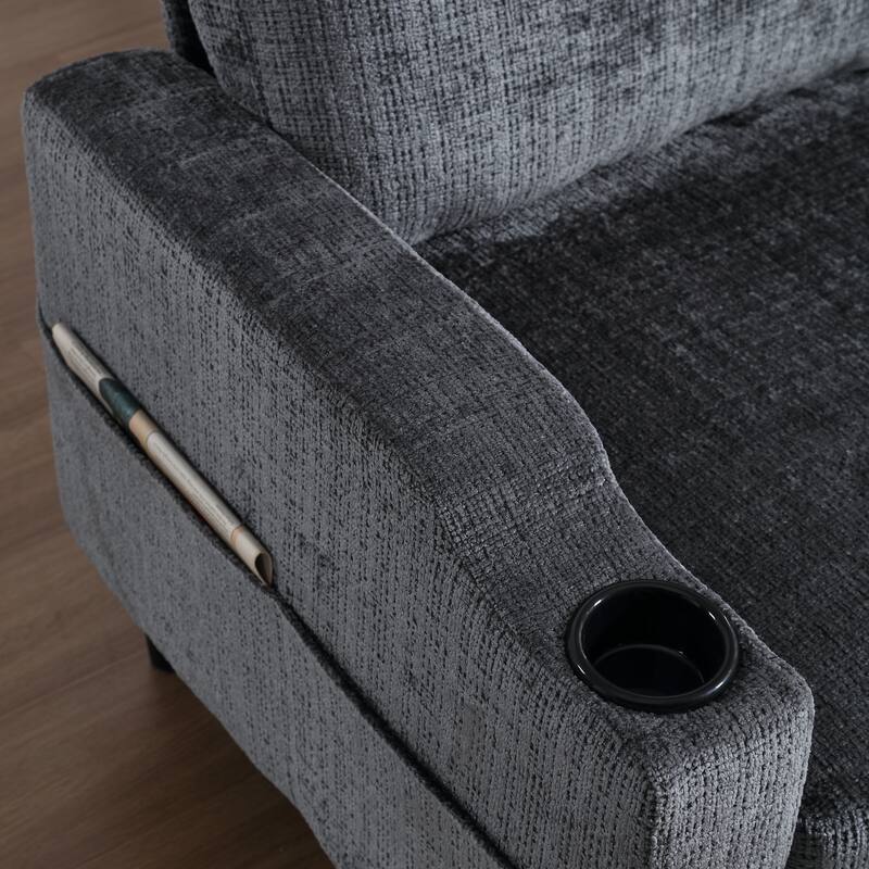 Modular Sectional Sofa with Storage Ottoman, Comfy Chenille Fabric Sofa, 3-Seater Sofa with Side Pockets & 2 Cup Holders