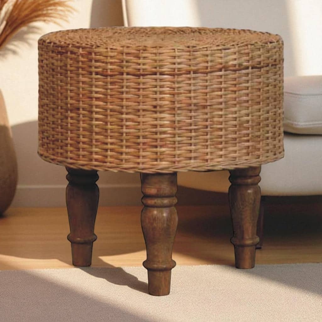 Artisan Furniture Solid Wood Regency Round Woven Stool, Beige - N/A