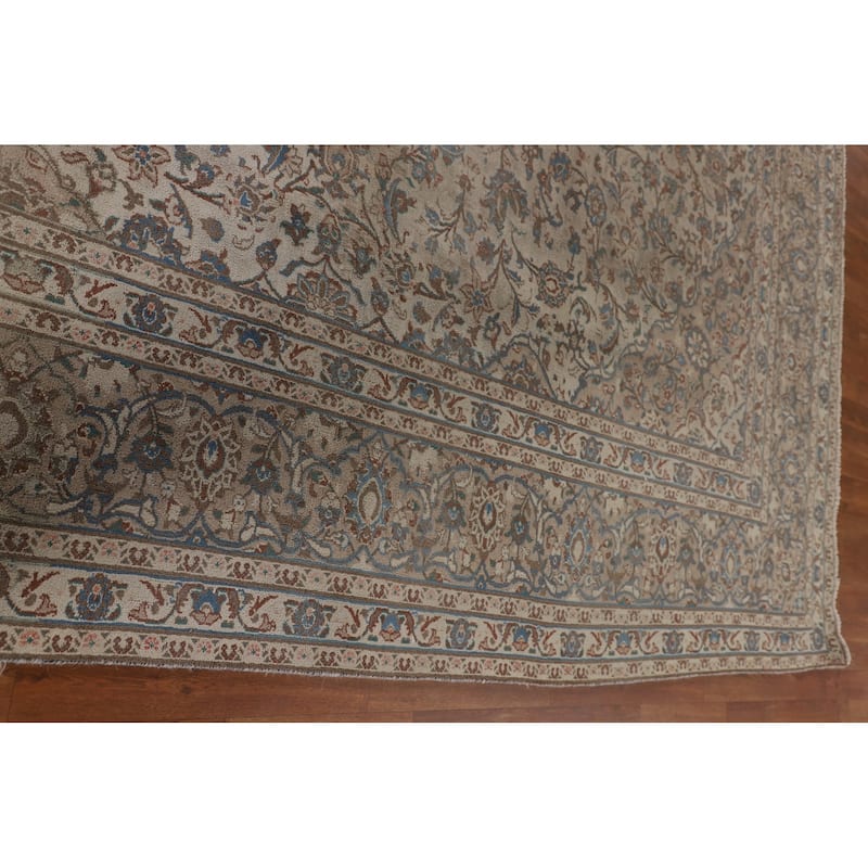 Beige Traditional Mashad Persian Vintage Rug Handmade Wool Carpet - 9'8"x 12'8"