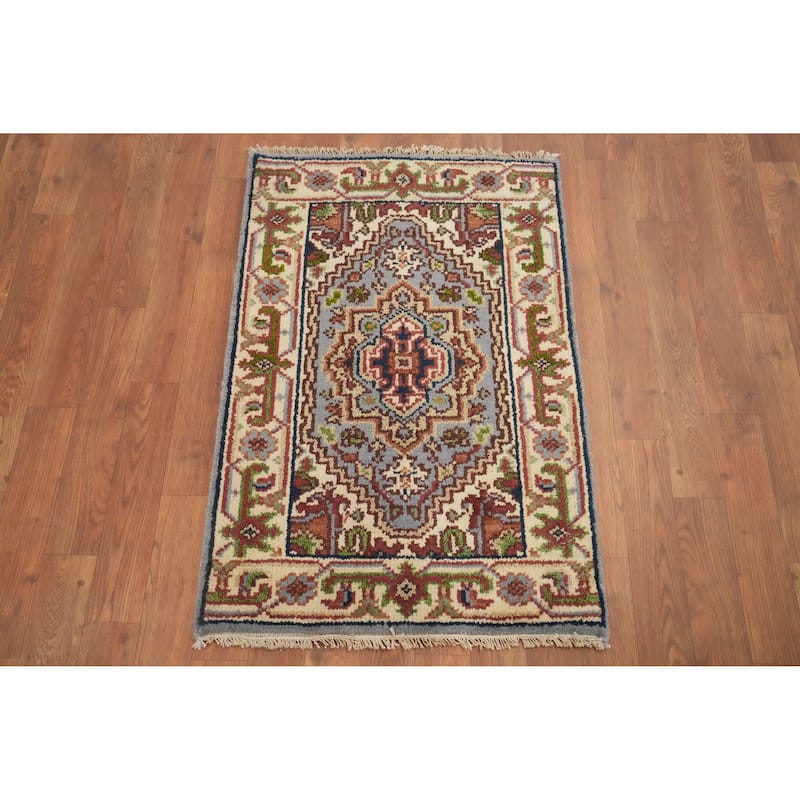 Hand Knotted Oriental 100% Wool Carpet Traditional Medallion Navy Blue & Blues Heriz (serapi) Area Rug - 3' 0'' X 2' 0''