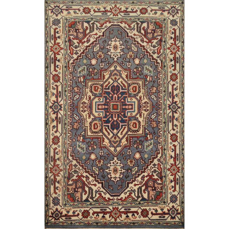 Hand Knotted Oriental 100% Wool Carpet Traditional Medallion Greys & Charcoal Heriz (serapi) Area Rug - 5' 9'' X 4' 1''