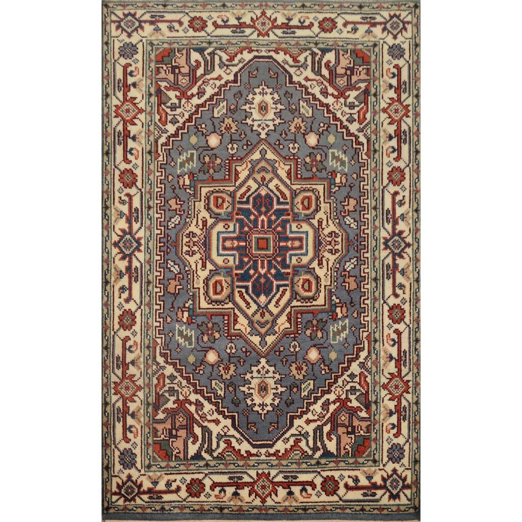 Hand Knotted Oriental 100% Wool Carpet Traditional Medallion Greys & Charcoal Heriz (serapi) Area Rug - 5' 9'' X 4' 1''