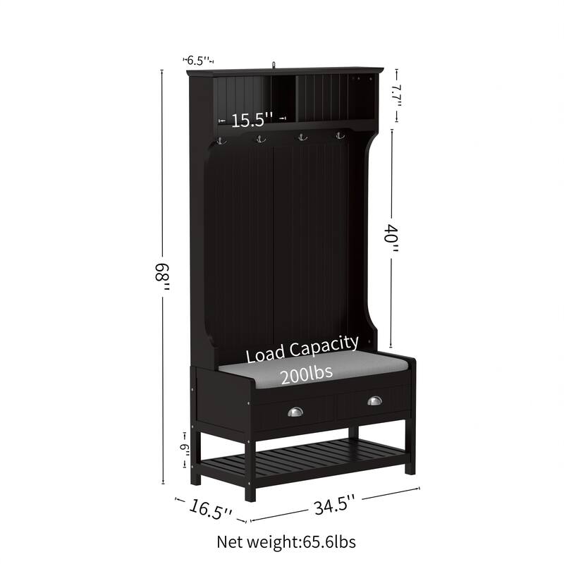 3-in-1 Hallway Hall Tree with 2 Storage Drawers, 4 Coat Hooks, Padded Bench Cushion, Entryway Shoe Rack with Top Shelves