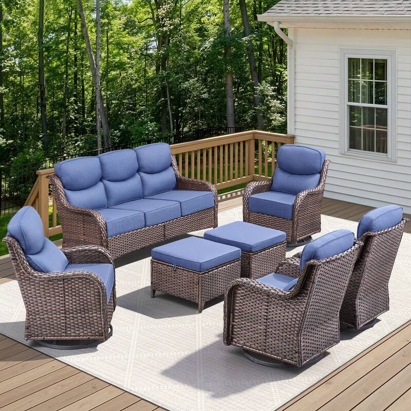 Arcadia 7-Piece Wicker Patio Conversation Set with Swivel Gliders and 6-Inch Thick Olefin Cushions