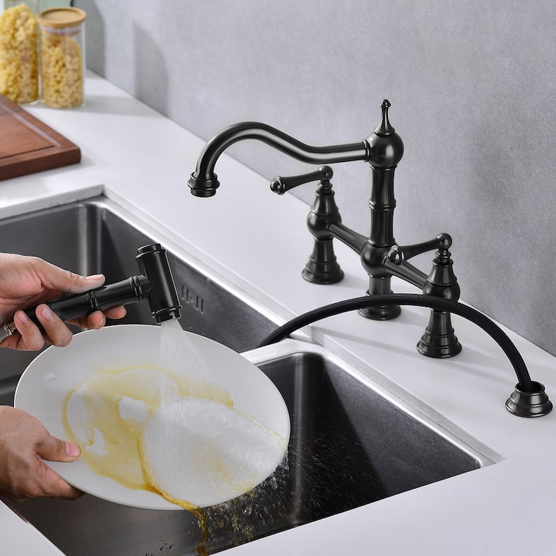 Two-Handles Bridge Kitchen Faucet with Side Sprayer