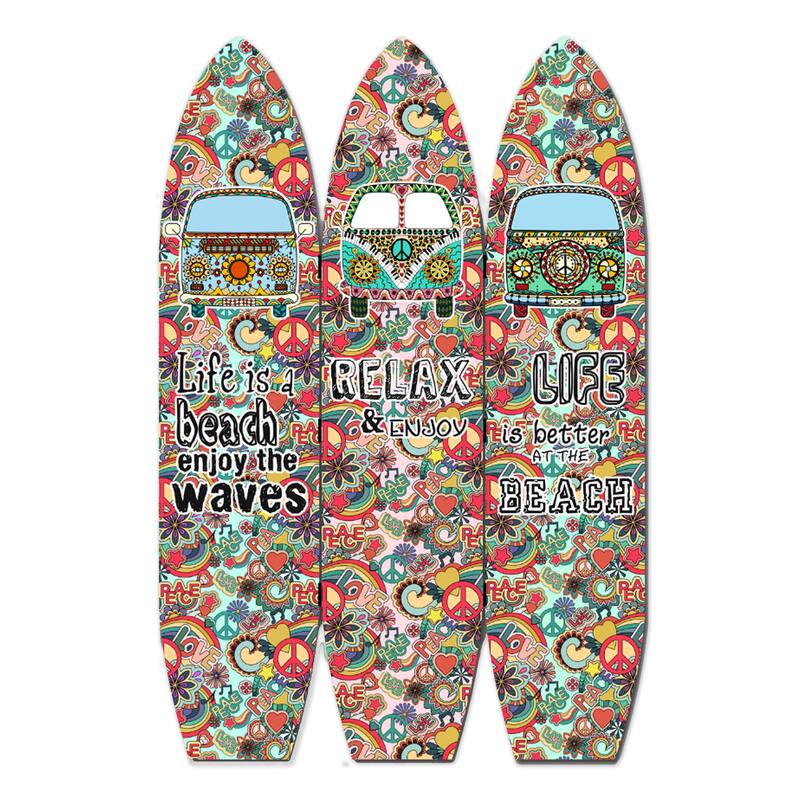 Beach Themed Surfboard Shaped 3 Panel Room Divider, Multicolor