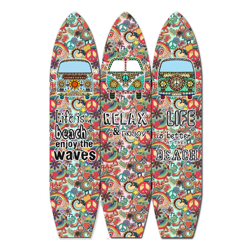 Beach Themed Surfboard Shaped 3 Panel Room Divider, Multicolor