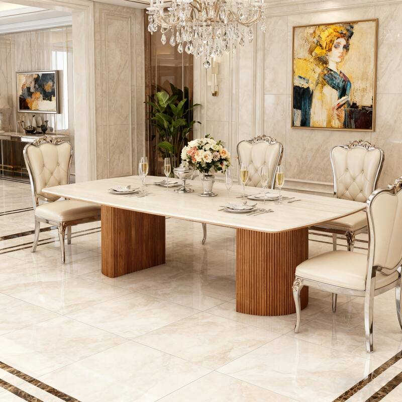 78.74'' Large Travertine Slab Dining Table with Greek Semi-Column Leg