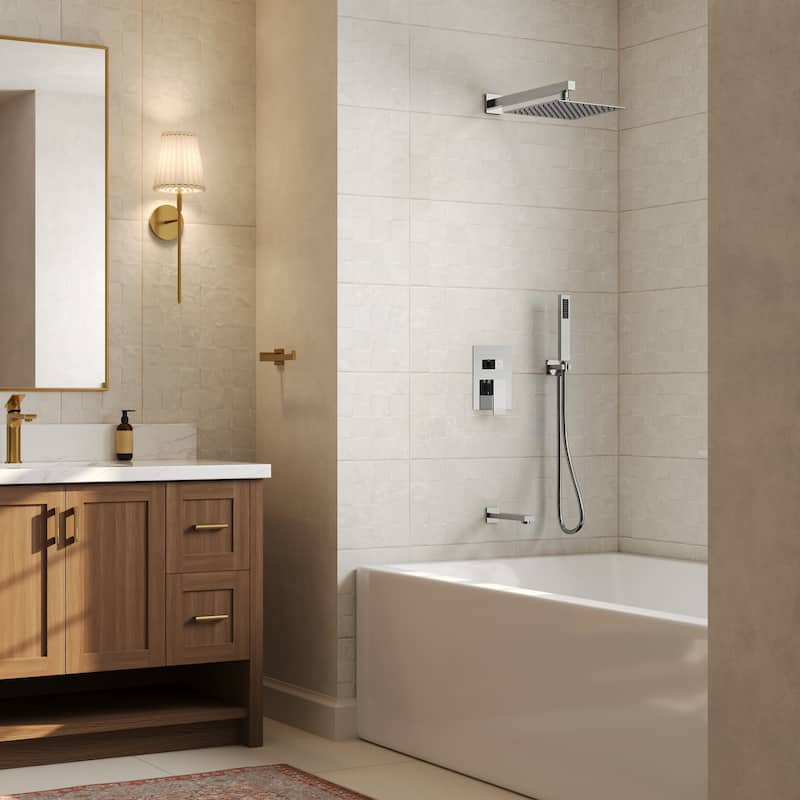 GRANDJOY 10" 3-in-1 Shower System with Rainfall Head, Handheld and Tub Spout, Pressure Balance Valve